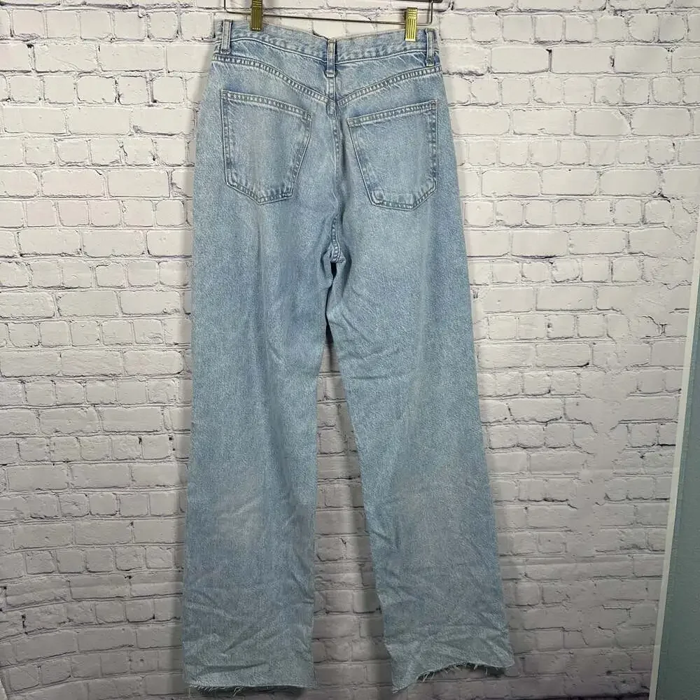 Zara TRF Mid-Rise Raw Hem Wide Leg Jeans Light Blue - Picture 3 of 6